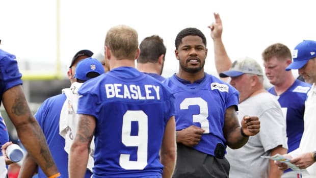 Jul 27, 2023; East Rutherford, NJ, USA; New York Giants wide receivers Sterling Shepard (3) and Cole Beasley (9) talk on the sideline on day two of training camp at the Quest Diagnostics Training Facility.